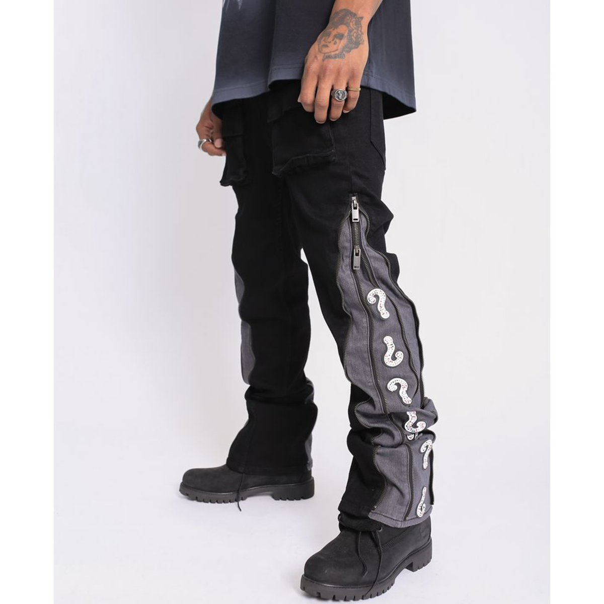 elements-of-art-question-mark-flare-denim-triple-black-mens-stacked-flare-jeans-6-rings-clothing