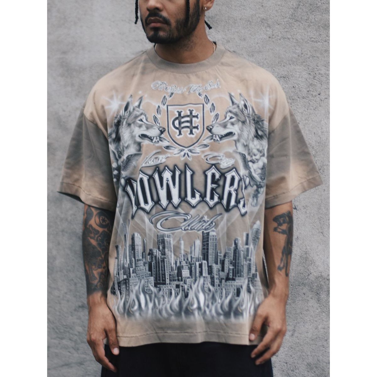Howlers Club City Wolves tan graphic t-shirt streetwear front view