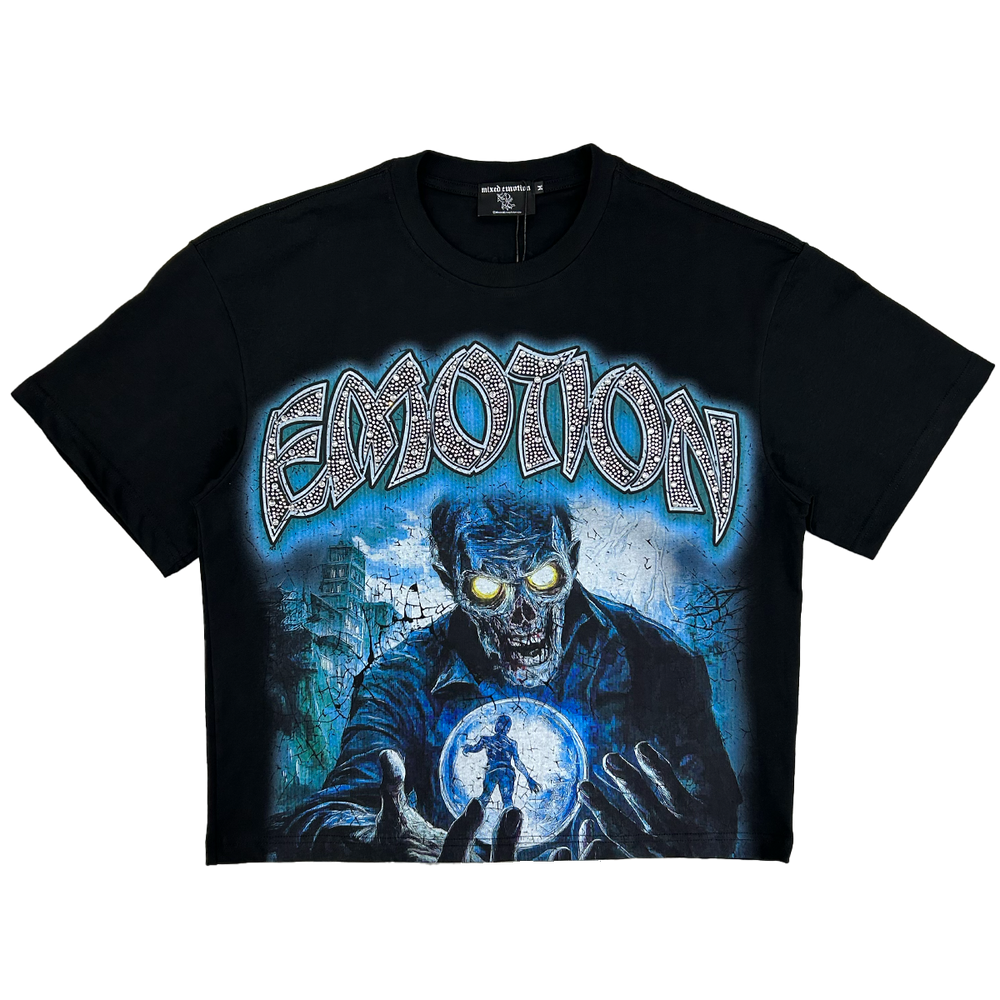 Mixed Emotion “Spirit Vision” black rhinestone tee with glowing skull and orb artwork