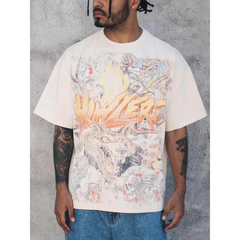 Howlers Club Magic Wolf Graphic Tee with vintage wolf, skull, and flame artwork in cream
