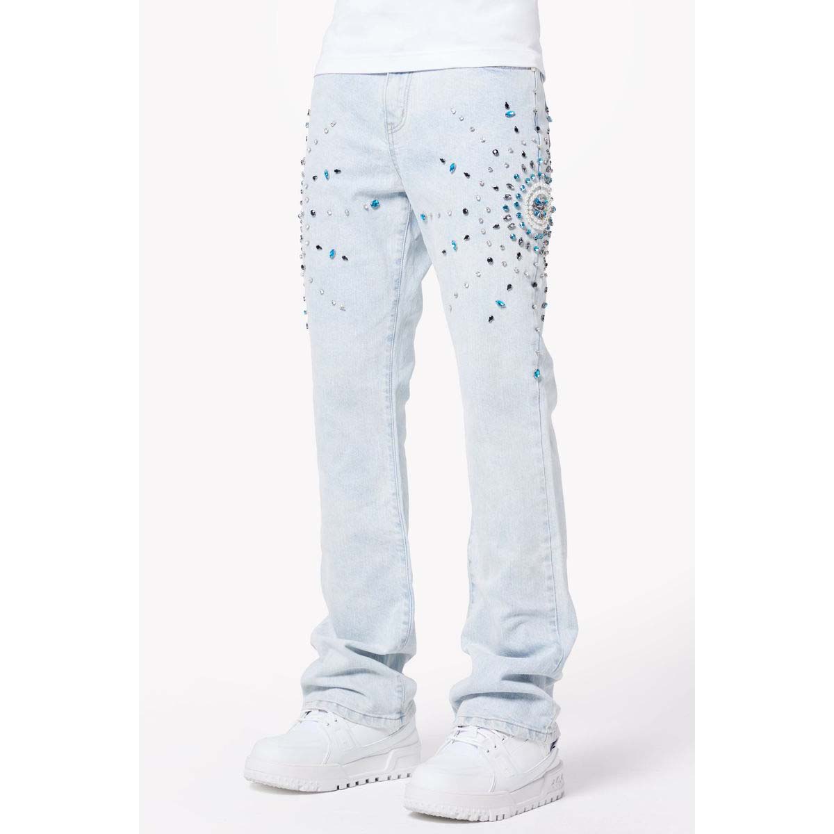 guapi-aqua-blue-gem-embellished-flared-denim-6-rings-clothing