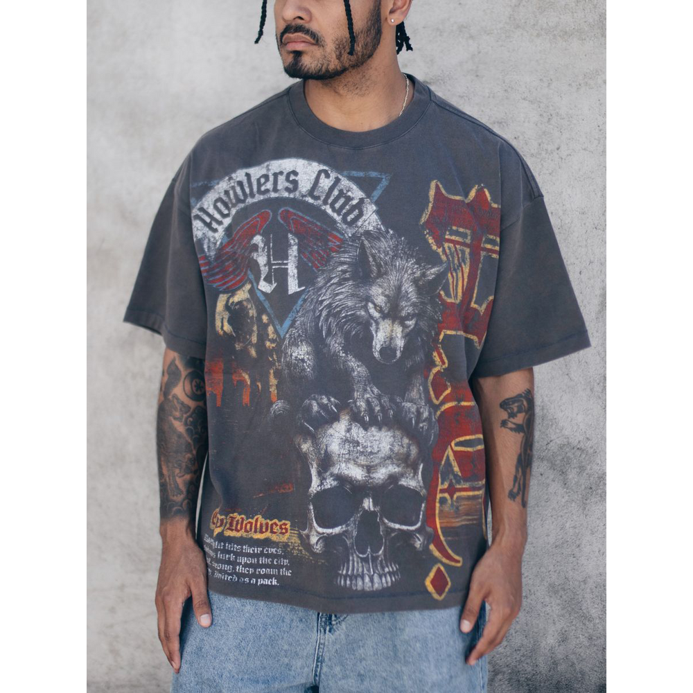 Front of Howlers Club Wolf Skull Oversized Vintage Streetwear Tee