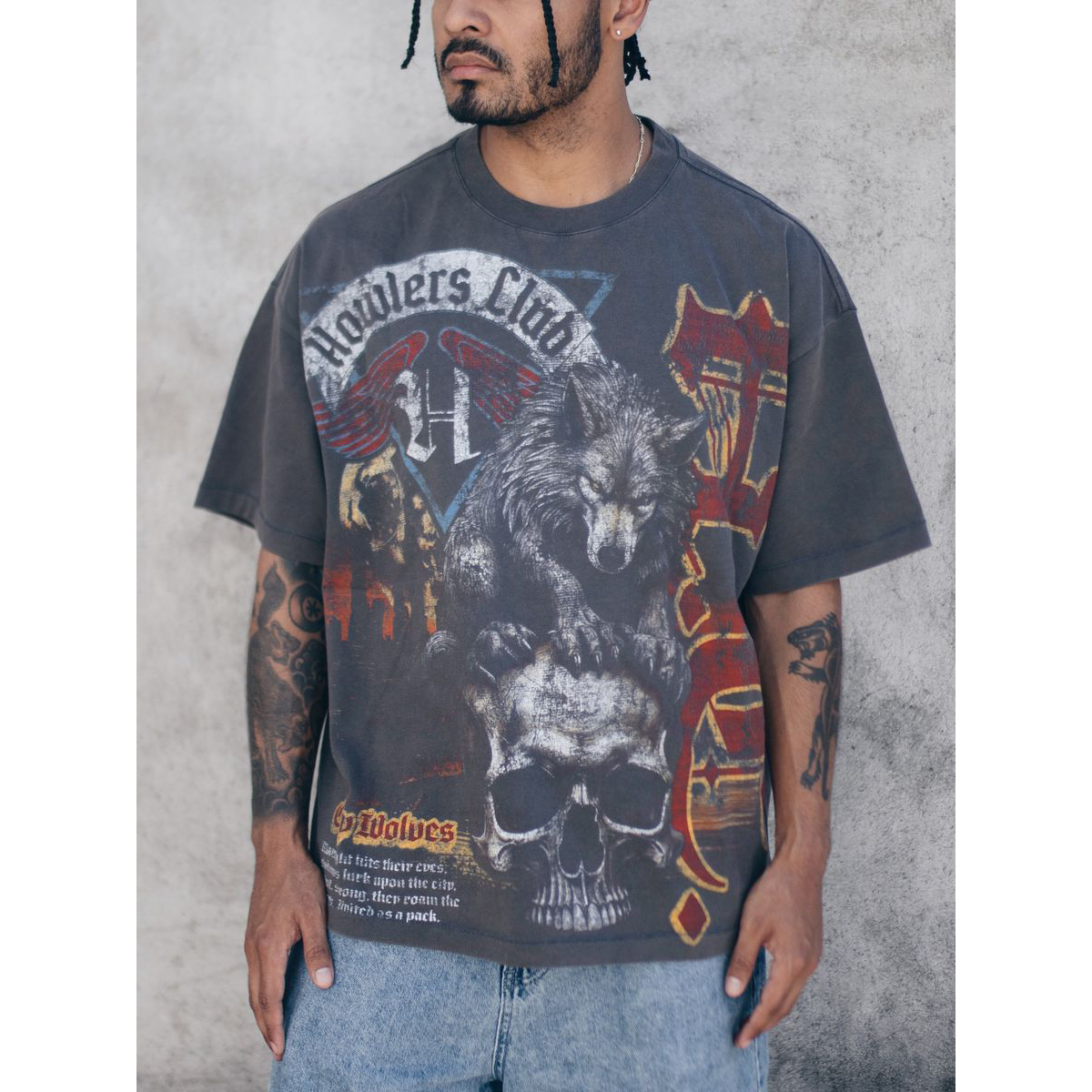 Front of Howlers Club Wolf Skull Oversized Vintage Streetwear Tee