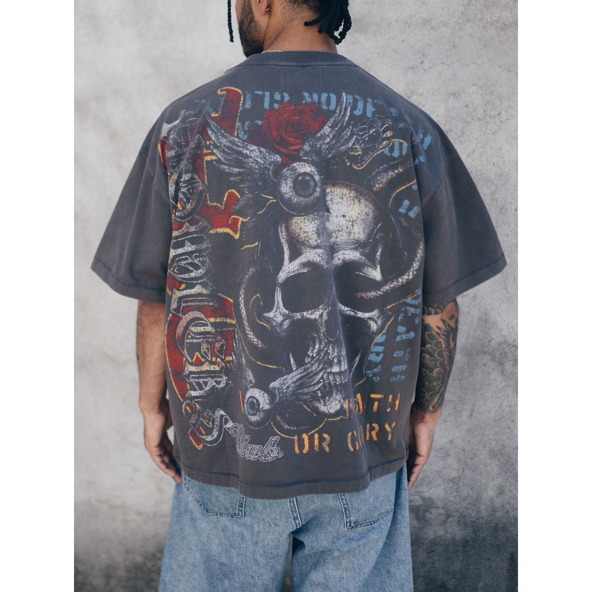 Back of Howlers Club Wolf Skull Graphic Gothic Biker T-Shirt
